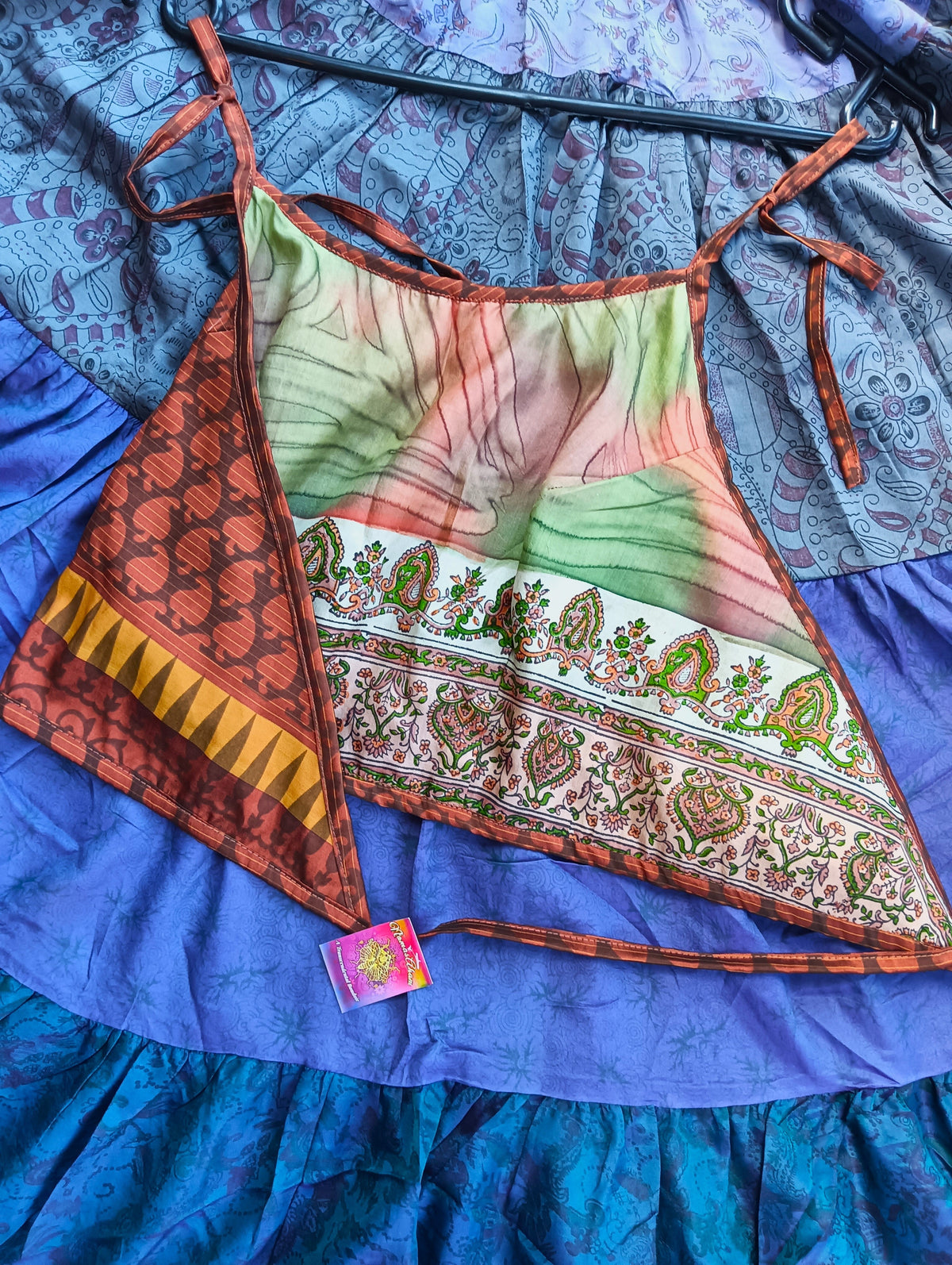 Reversible Antique Sari Silk Halter Crop Top - Terracotta Sari & Watercolour