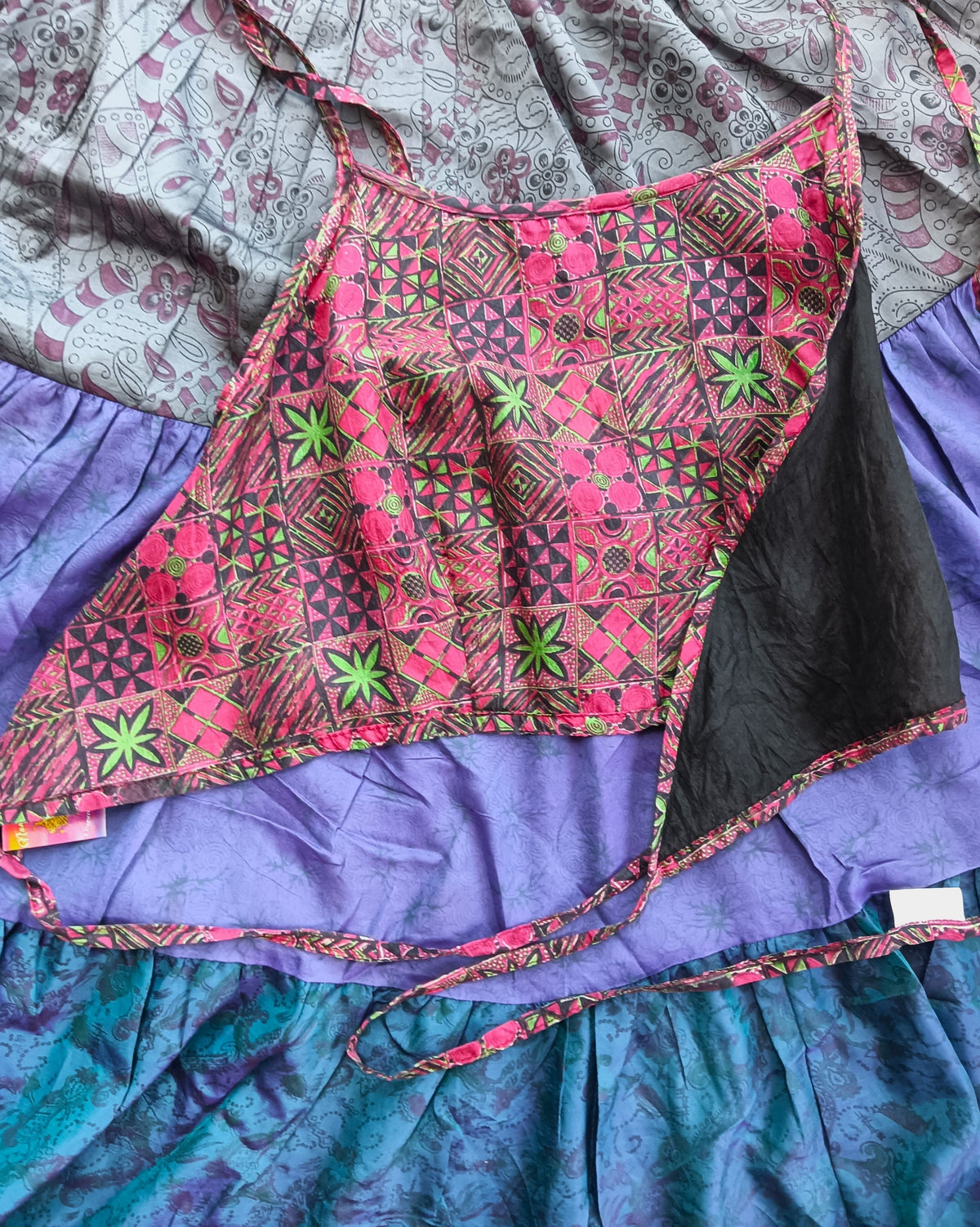 Reversible Antique Sari Silk Halter Crop Top - Pink Leafy Green Black