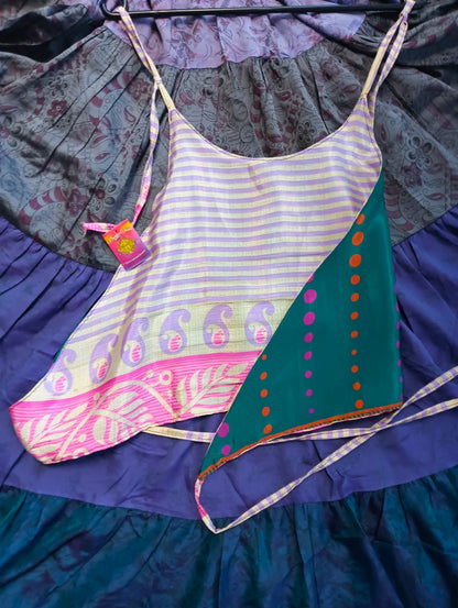 Reversible Antique Sari Silk Halter Crop Top - Pink White Lilac