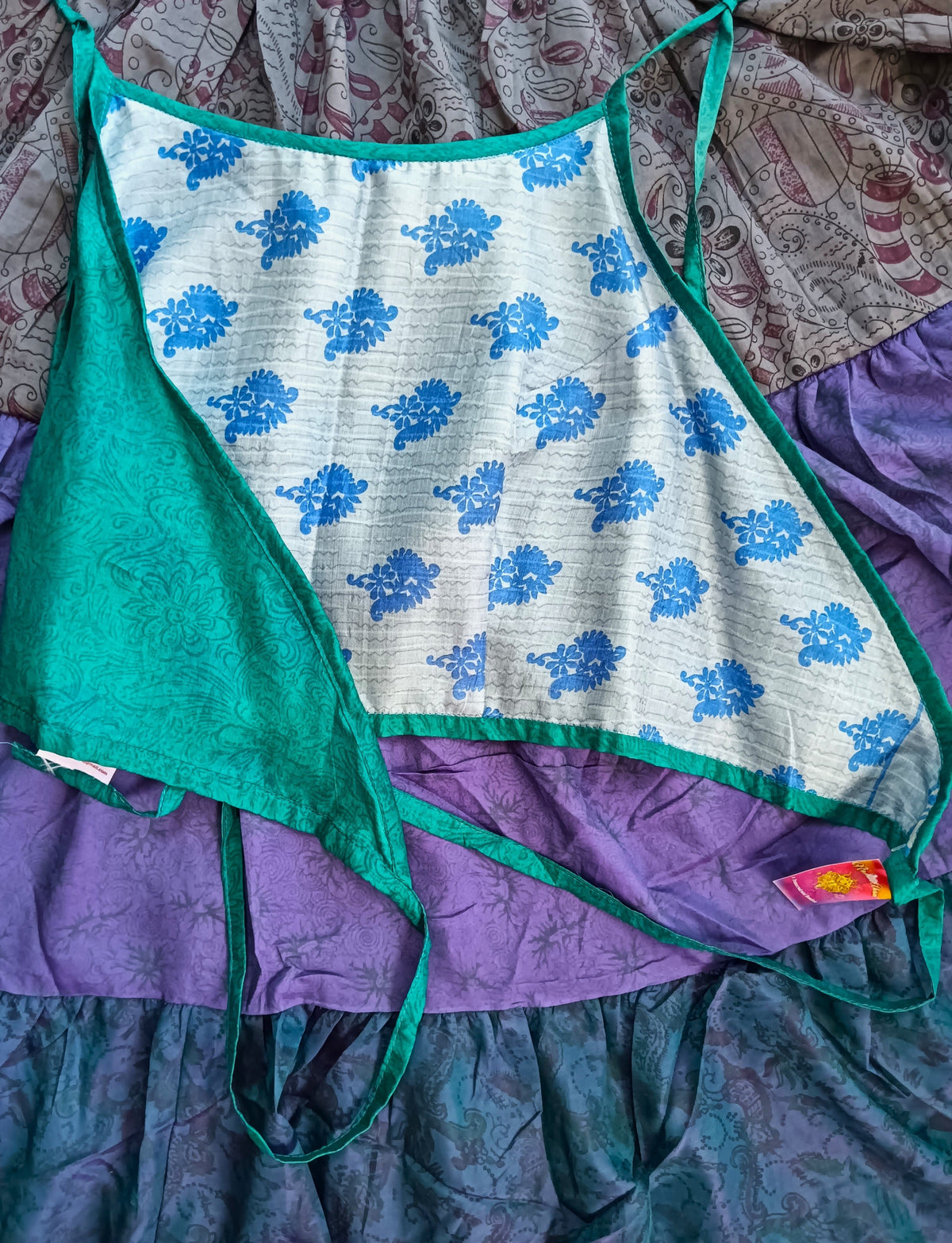 Reversible Antique Sari Silk Halter Crop Top - Turquoise White