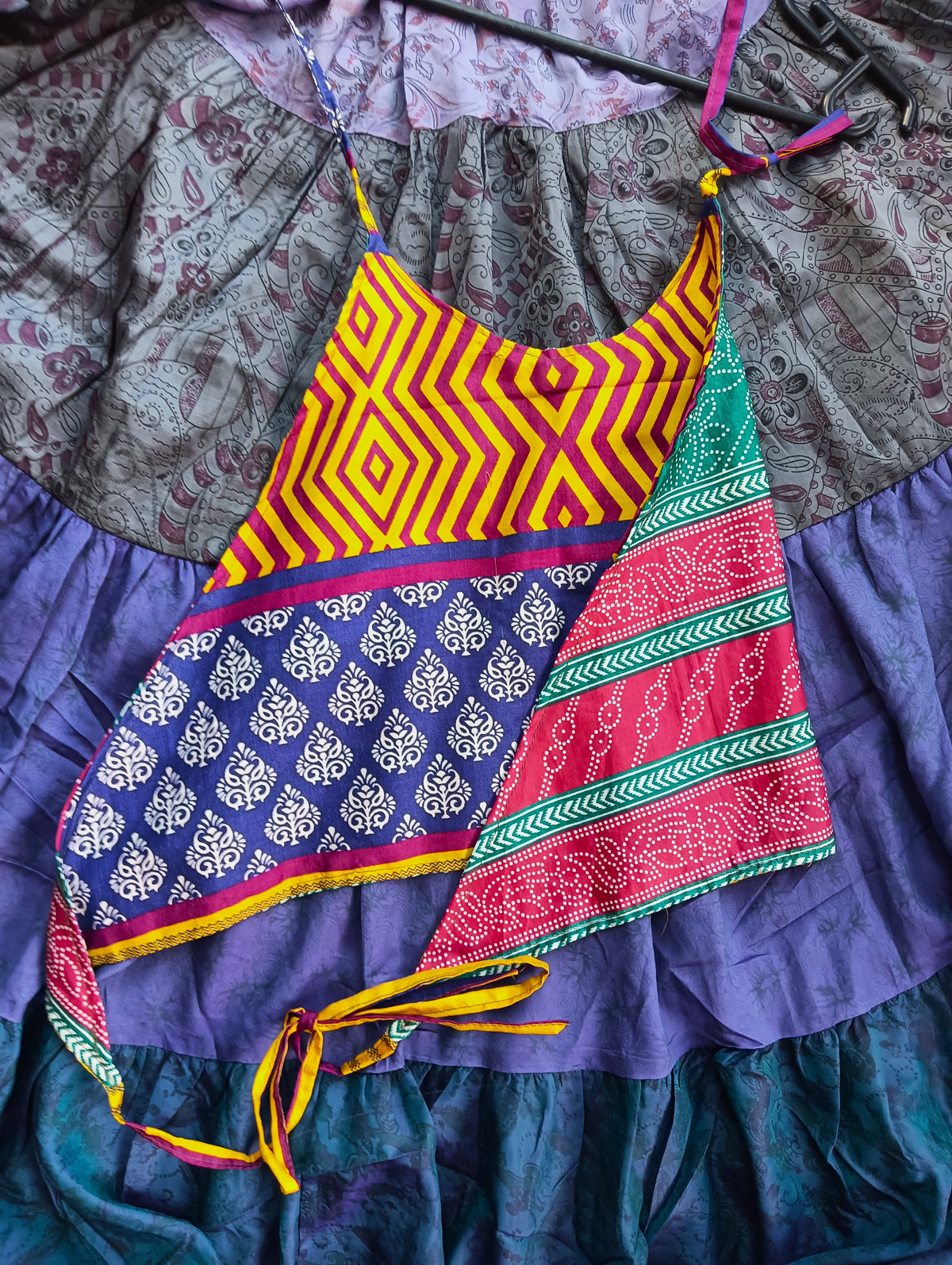 Reversible Antique Sari Silk Halter Crop Top - Zigzag Yellow & Navy Floral