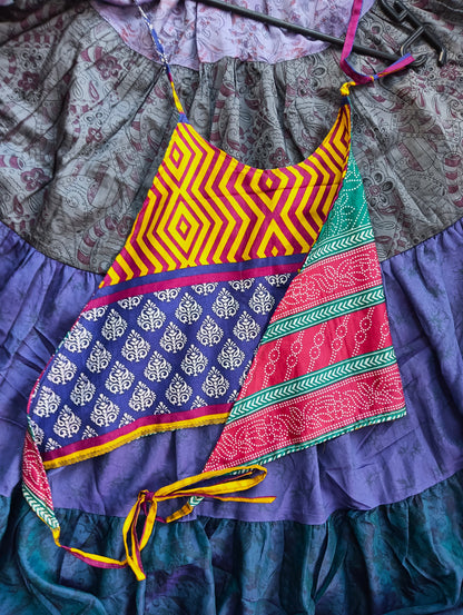 Reversible Antique Sari Silk Halter Crop Top - Zigzag Yellow & Navy Floral