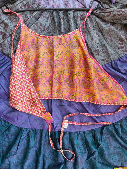 Reversible Antique Sari Silk Halter Crop Top - Pink Orange Paisley