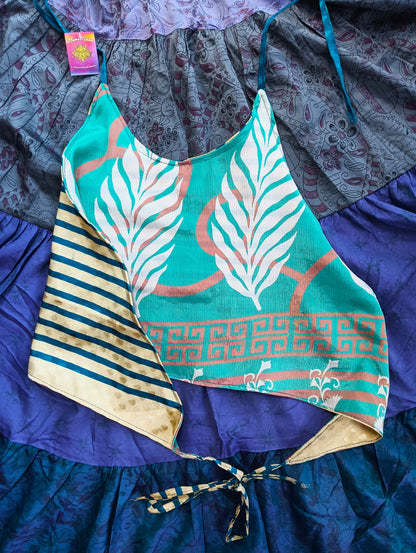 Reversible Antique Sari Silk Halter Crop Top - Lilac Stripes & Teal Dots