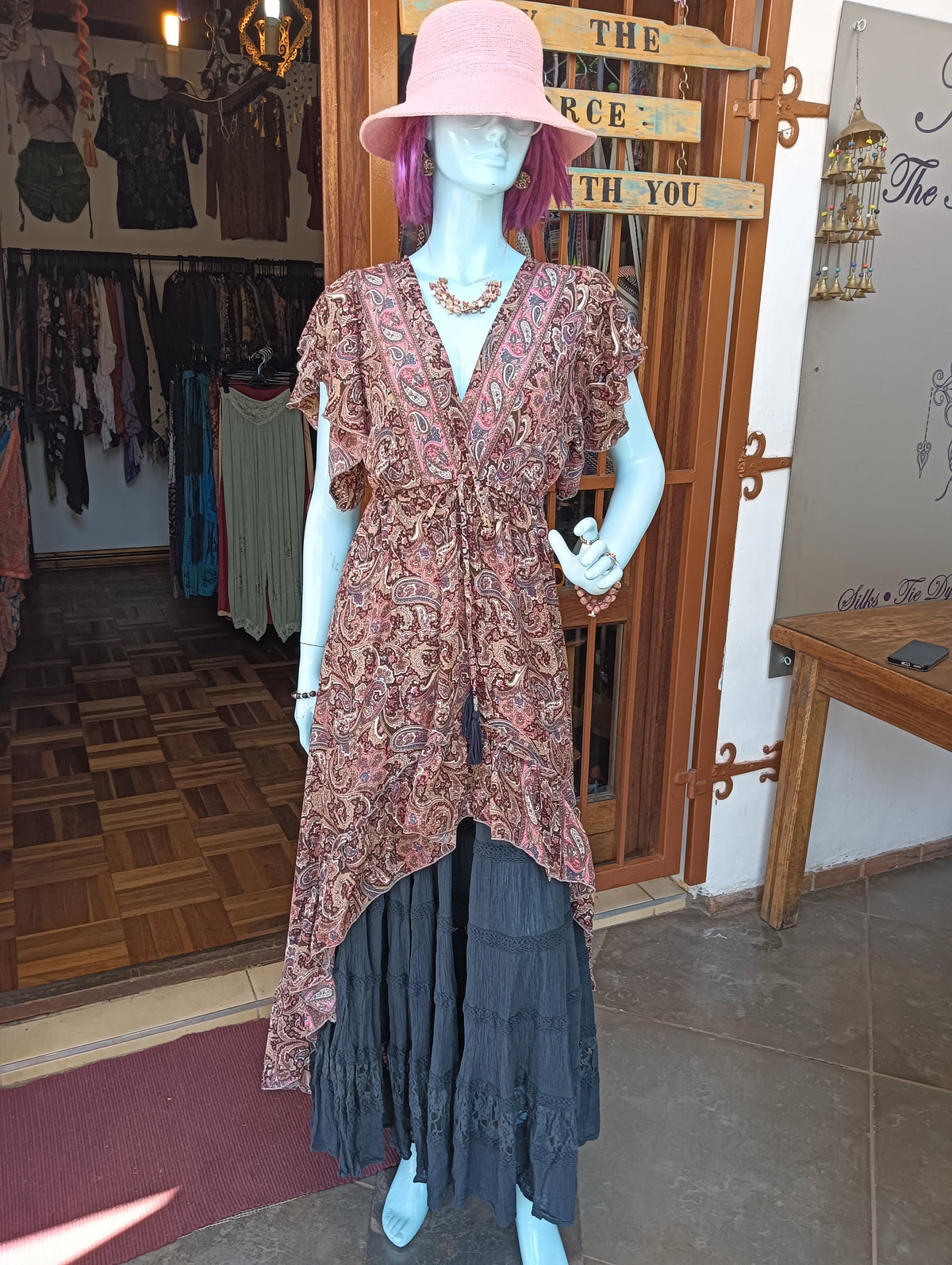 Paisley Soul Hi-Lo Dress layered over Midnight Flamenco Maxi Skirt - side view