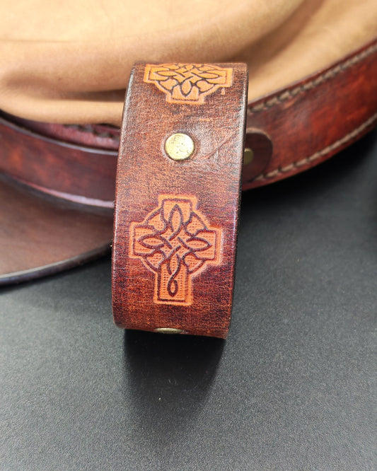 Embossed Brown Leather Cuff – Celtic Cross & Dual Brass Studs