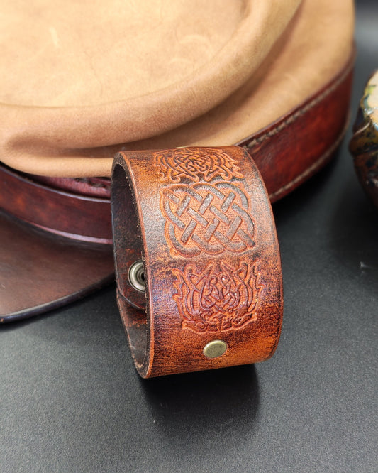 Wide Embossed Brown Leather Cuff – Celtic Knotwork & Beast