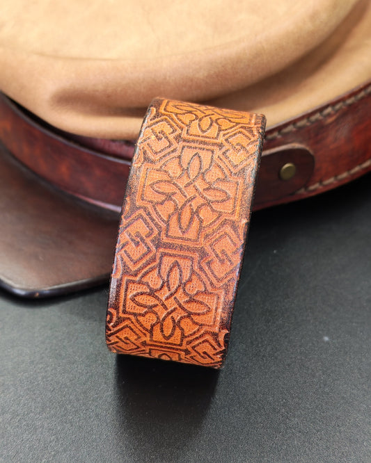 Wide Embossed Tan & Brown Leather Cuff – Celtic Cross & Interlace