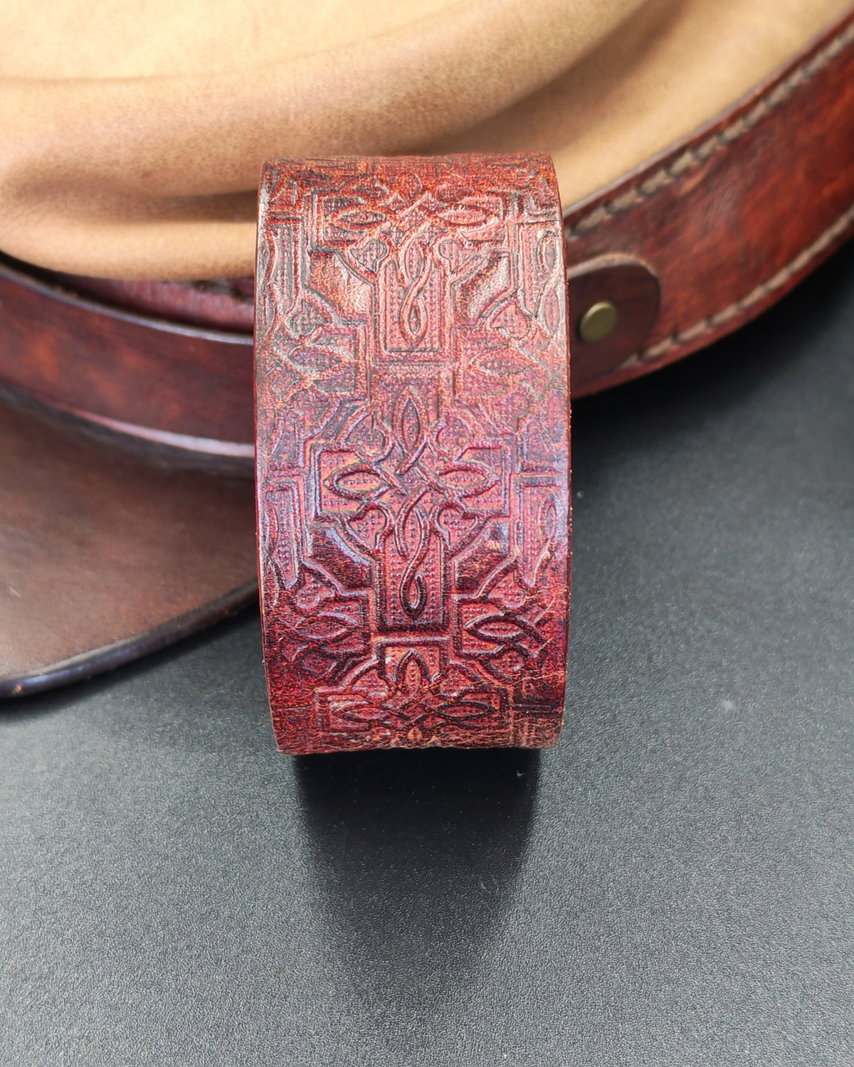 Wide Embossed Oxblood Leather Cuff – Celtic Cross & Floral