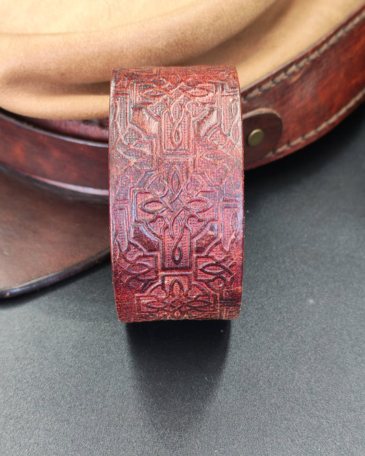 Wide Embossed Oxblood Leather Cuff – Celtic Cross & Floral