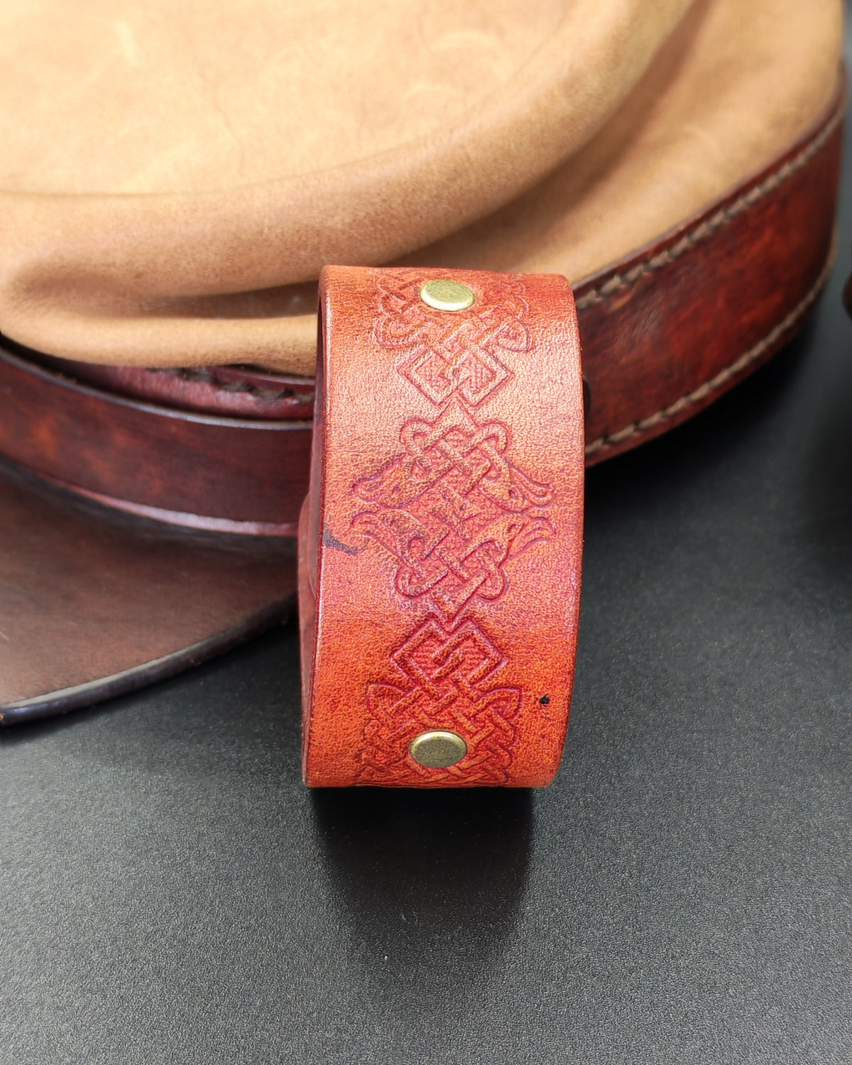 Wide Embossed Rust Leather Cuff – Celtic Knot & Brass Studs