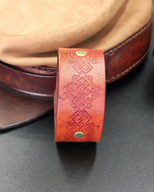 Wide Embossed Rust Leather Cuff – Celtic Knot & Brass Studs