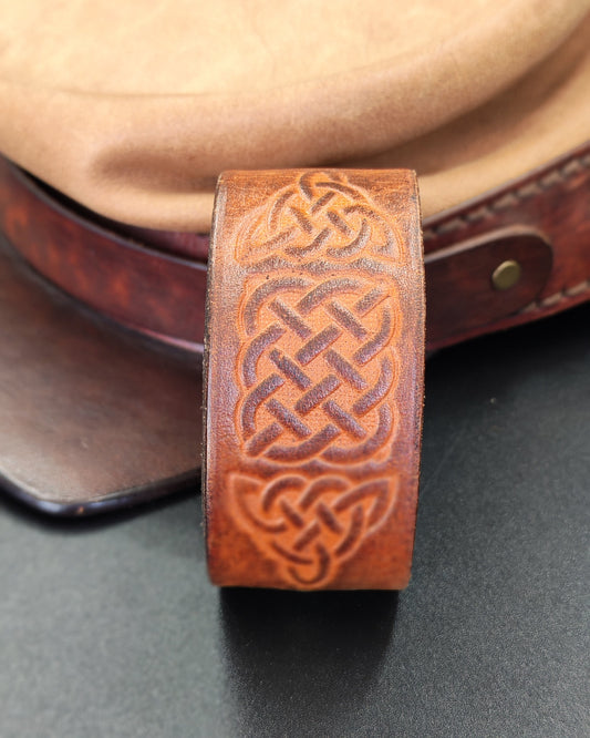 Wide Embossed Leather Cuff – Celtic Knot & Triquetra