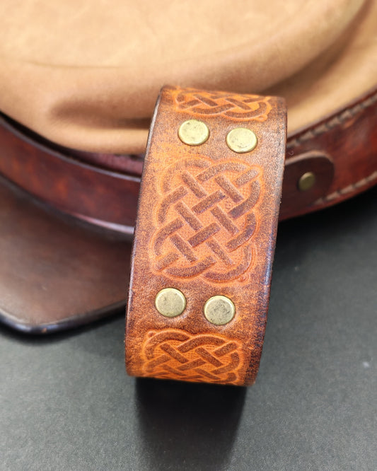 Embossed Tan Leather Cuff – Celtic Knot with Brass Studs