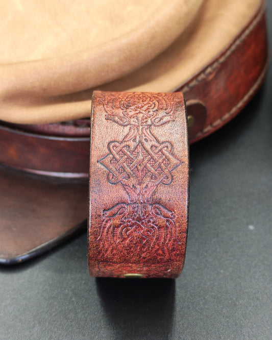 Wide Embossed Brown Leather Cuff – Celtic Tree of Life at