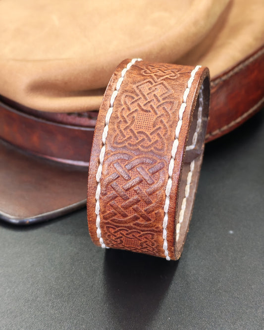 Wide Embossed Brown Leather Cuff – Celtic Knots & White Stitch