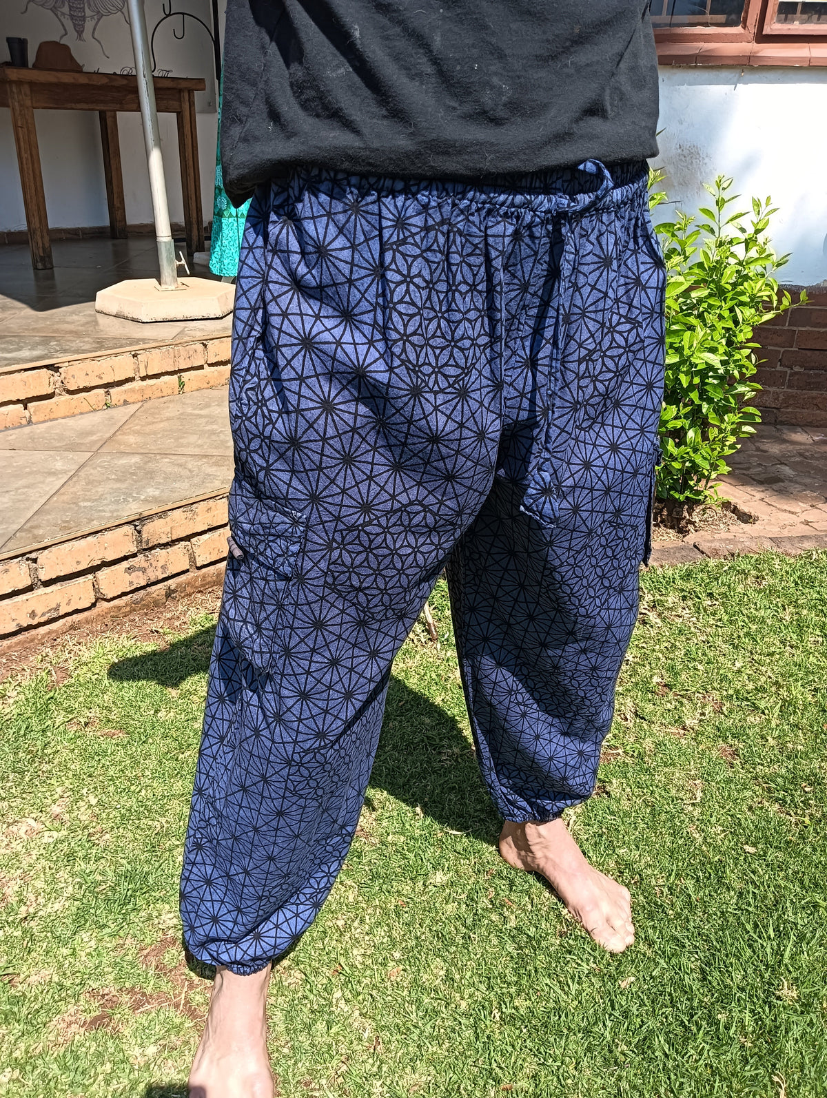 Flower of Life Cotton Cargo Balloon Pants in Navy Blue — front full view
