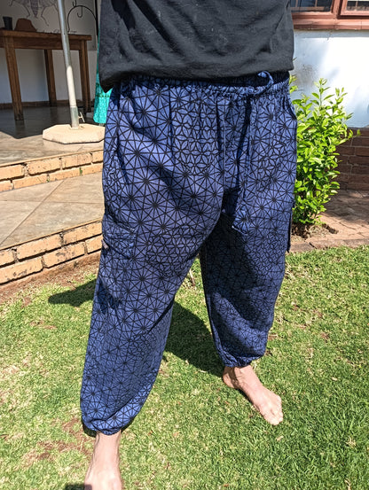 Flower of Life Cotton Cargo Balloon Pants in Navy Blue — front full view
