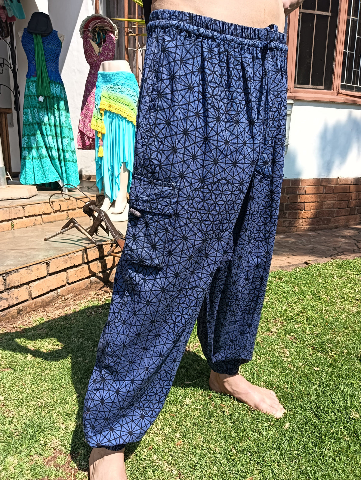 Flower of Life Cotton Cargo Balloon Pants in Navy Blue — front side view