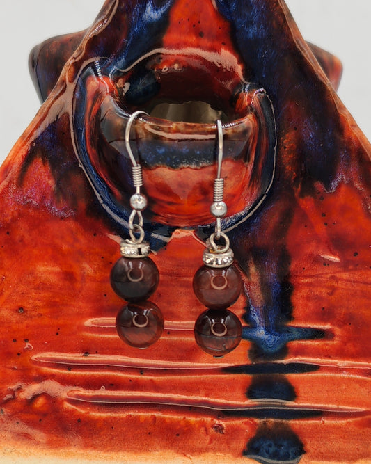 Natural Garnet Double Bead Rhinestone Earrings