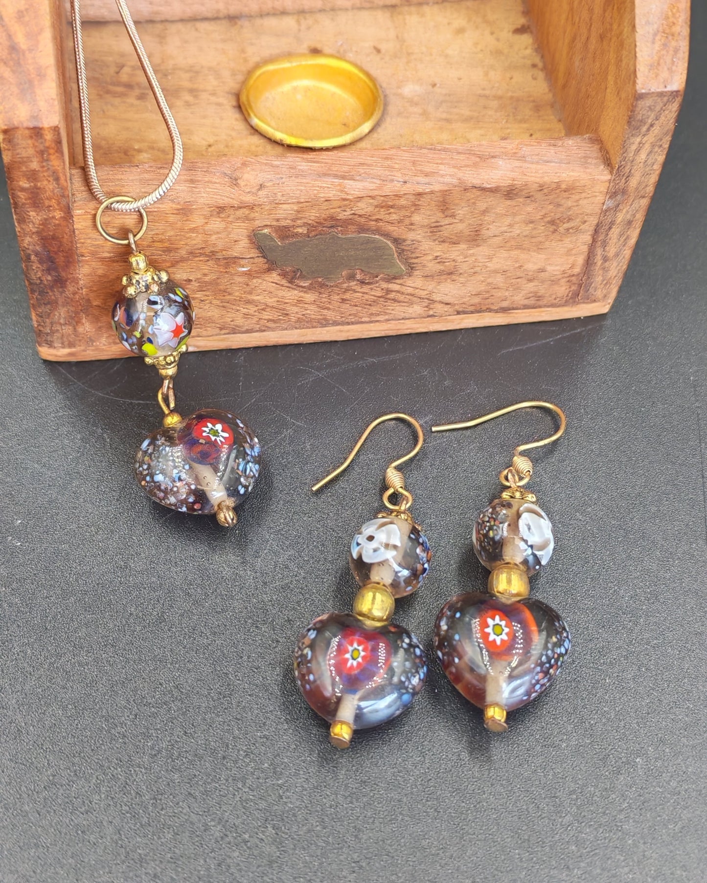 Hand-Painted Millefiori Glass Bead Pendant & Earring Set