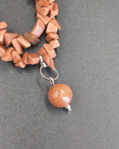 Goldstone Chip Double-Strand Necklace with Bead Charm