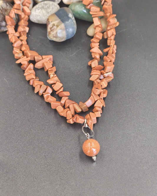 Goldstone Chip Double-Strand Necklace with Bead Charm