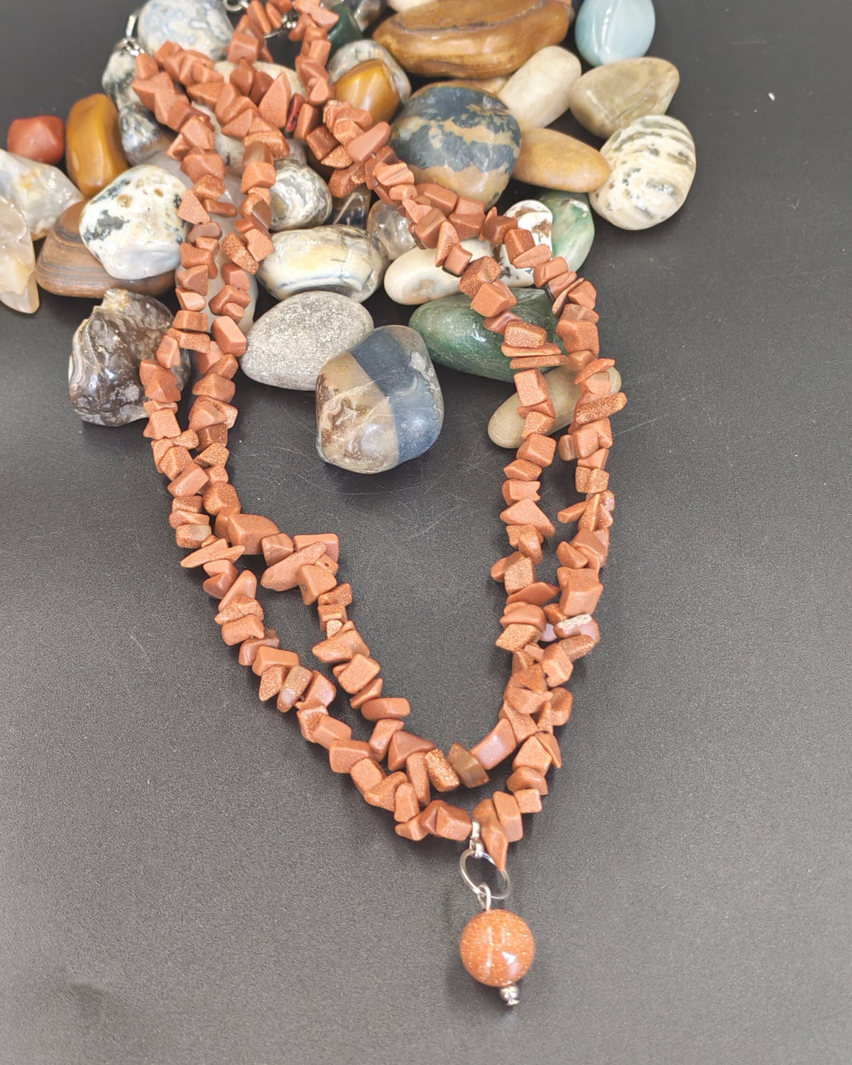 Goldstone Chip Double-Strand Necklace with Bead Charm