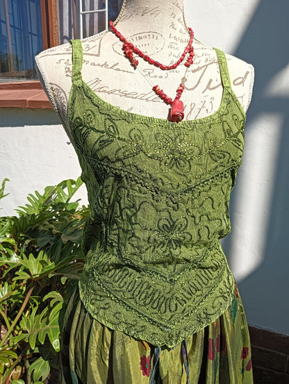 Embroidered Viscose Silk Tank Top in Olive Green — close-up of hand embroidery detail