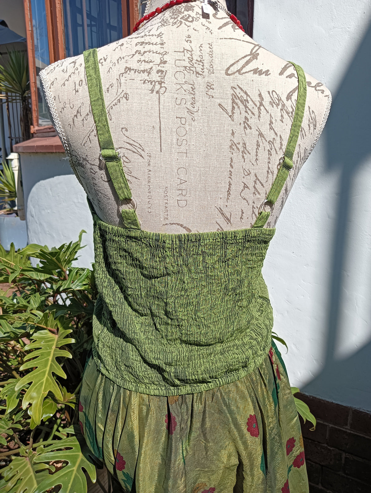 Embroidered Viscose Silk Tank Top — back view showing smocked panel and adjustable straps