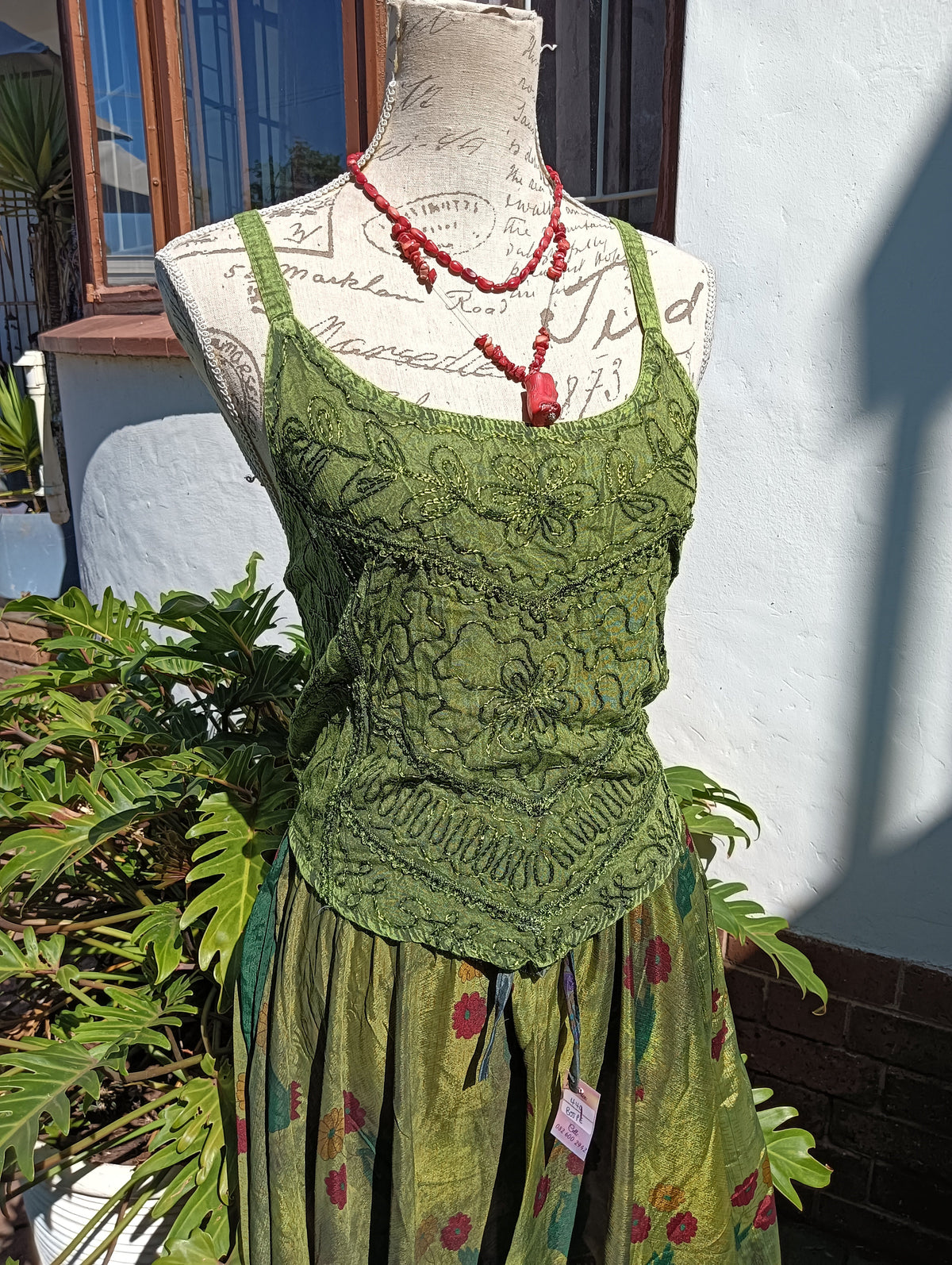 Embroidered Viscose Silk Tank Top styled with Sari Silk Pocket Skirt — full length view