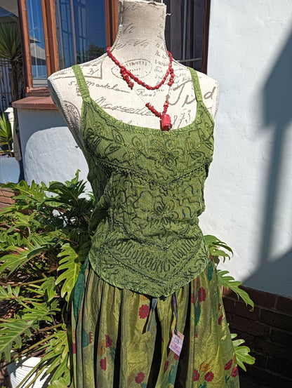 Embroidered Viscose Silk Tank Top styled with Sari Silk Pocket Skirt — full length view