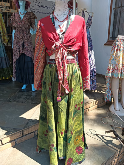 Overdyed Sari Silk Maxi Skirt – styled with red and green silk wrap top showing complete boho look