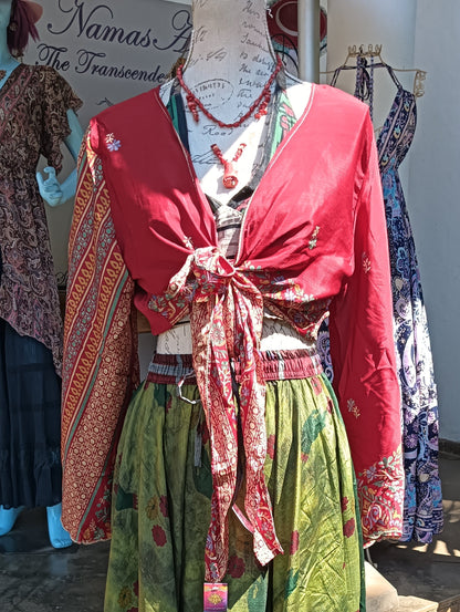 Sari Silk Tie-Front Wrap Top in Crimson Red – styled with chartreuse green overdyed sari silk maxi skirt