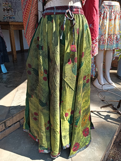Overdyed Sari Silk Maxi Skirt – side view with red wrap top showing full skirt volume and length