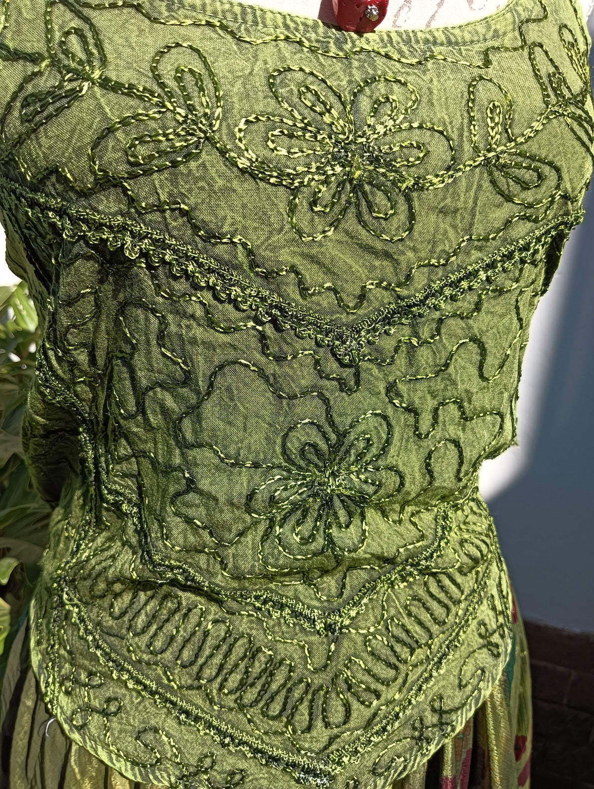 Embroidered Viscose Silk Tank Top in Olive Green — front view on mannequin