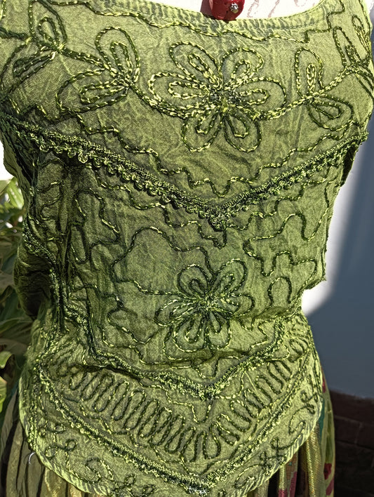 Embroidered Viscose Silk Tank Top in Olive Green — front view on mannequin