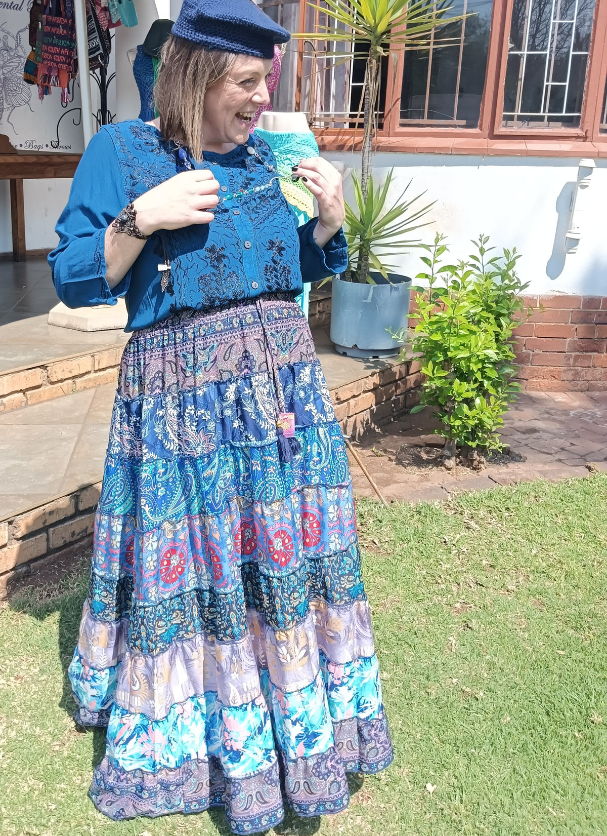 Gypsy Tiered Maxi Skirt styled with Embroidered Viscose Blouse – front view showing waistband and upper tiers