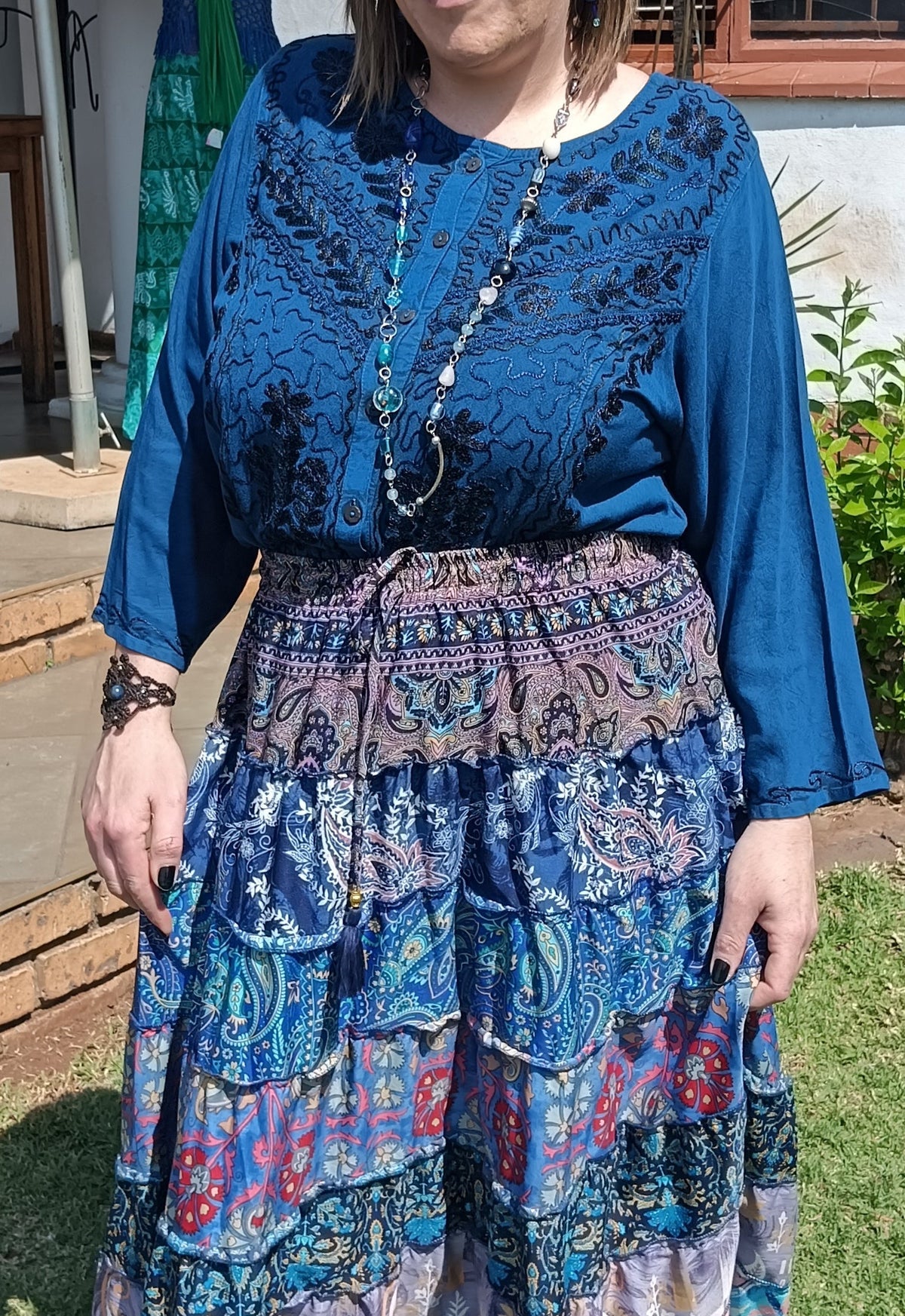 Embroidered Viscose Long Sleeve Blouse in Teal – full length styled with Gypsy Tiered Maxi Skirt in Blue Indian Print