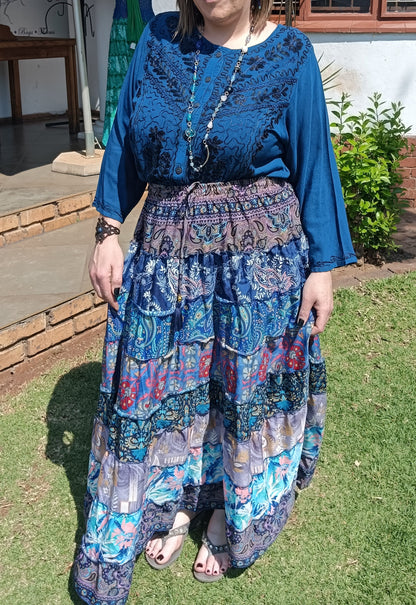Gypsy Tiered Maxi Skirt styled with Embroidered Viscose Blouse – full length showing hem detail and footwear