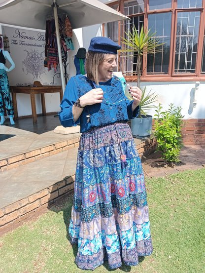 Gypsy Tiered Maxi Skirt styled with Embroidered Viscose Long Sleeve Blouse – full length outdoor side view