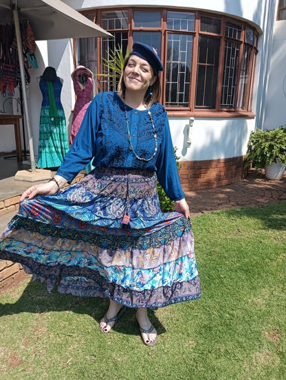 Gypsy Tiered Maxi Skirt styled with Embroidered Viscose Long Sleeve Blouse – laughing outdoor shoot