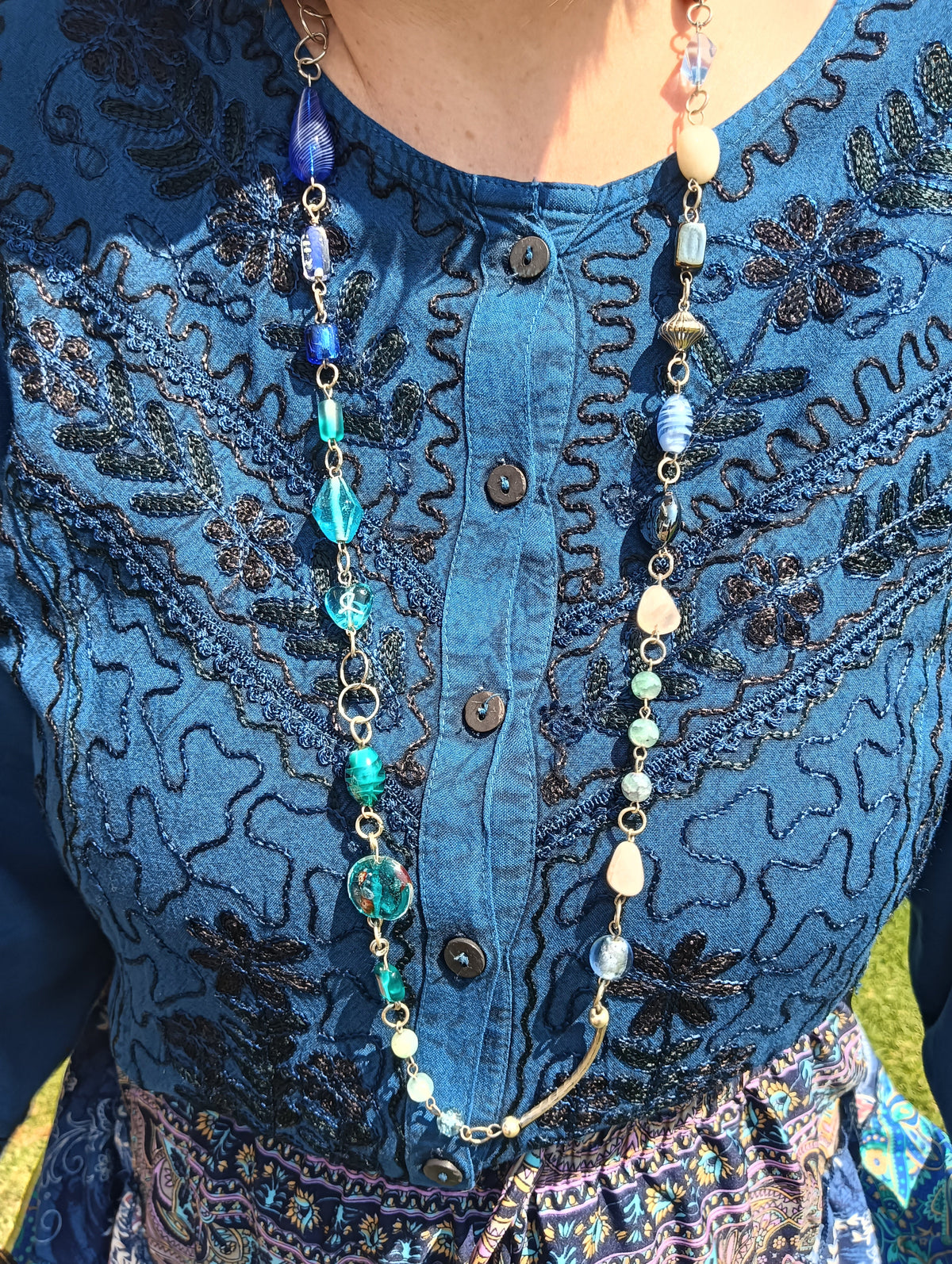 Embroidered Viscose Long Sleeve Blouse in Teal – close-up of embroidery and button placket detail