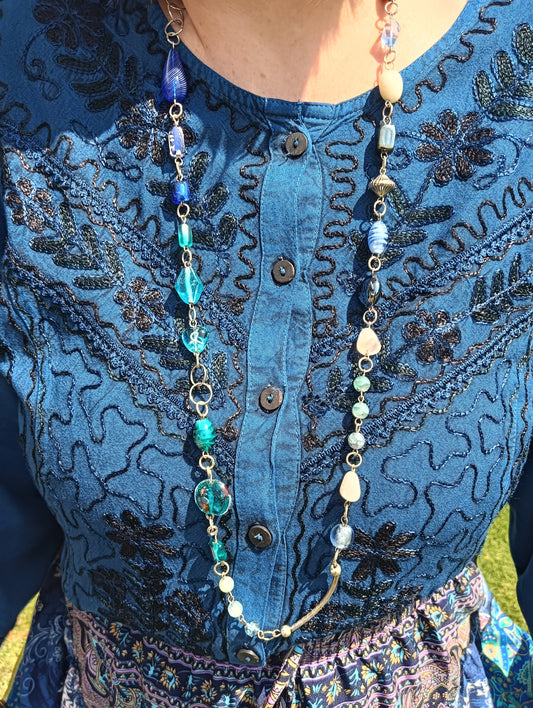 Embroidered Viscose Long Sleeve Blouse in Teal – close-up of embroidery and button placket detail