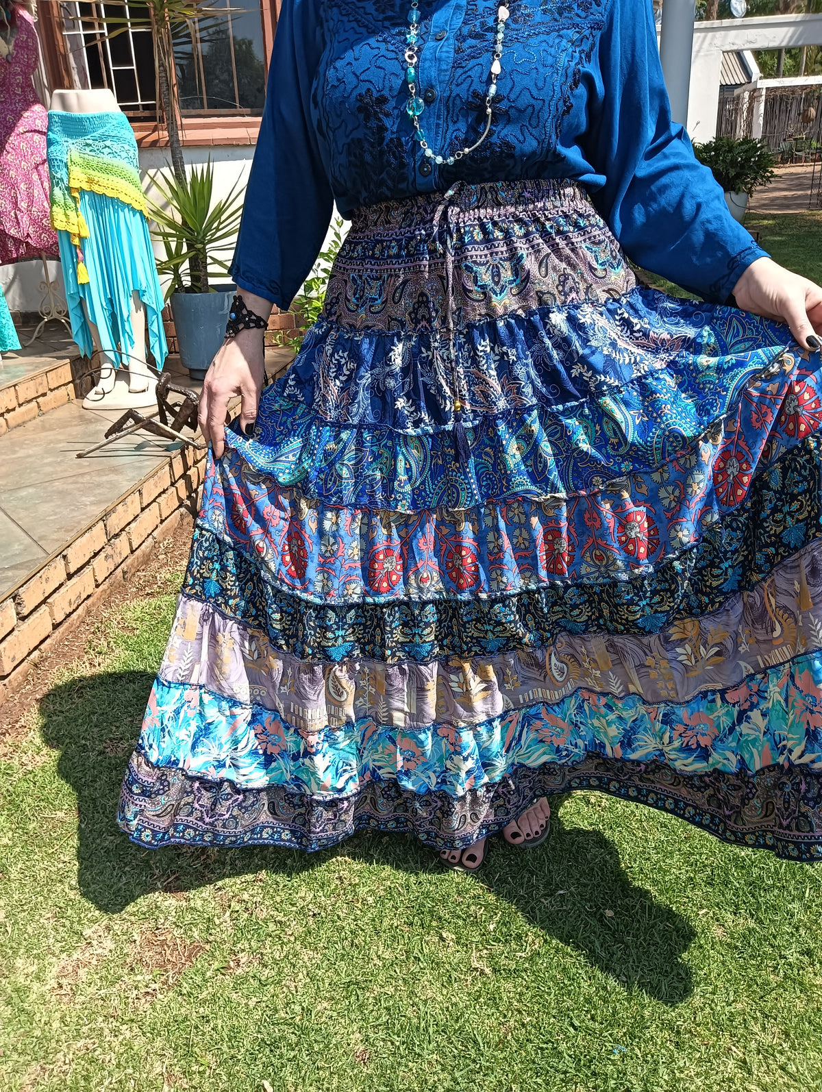 Gypsy Tiered Maxi Skirt in Blue Indian Print – full length front view showing all seven tiers and volume