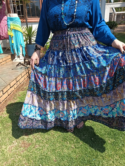 Gypsy Tiered Maxi Skirt in Blue Indian Print – full length front view showing all seven tiers and volume