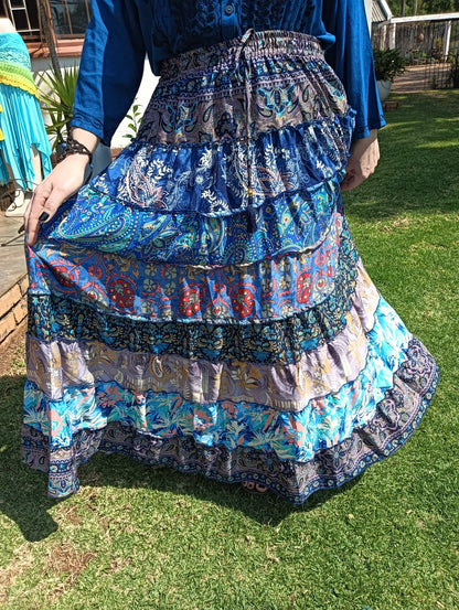 Gypsy Tiered Maxi Skirt in Blue Indian Print – close-up of tiers showing mixed print detail including paisleys and mandalas