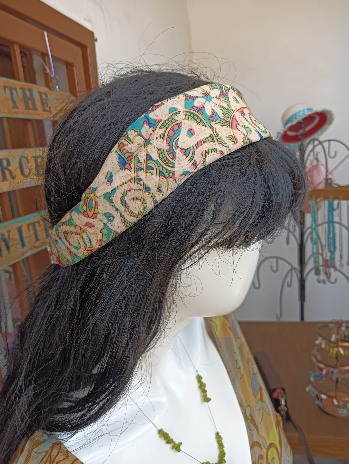 Indian Block Print Wide Headband – cream teal and pink paisley floral print on mannequin head