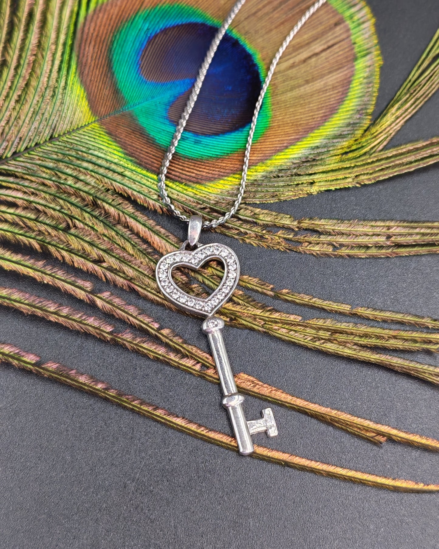 Sterling Silver 925 Heart Key Cubic Zirconia Pendant