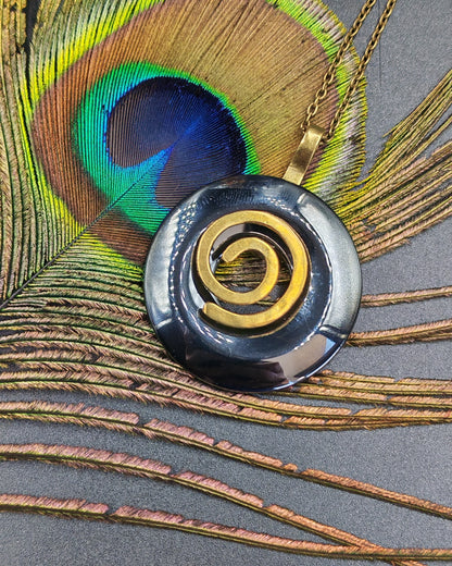 Natural Hematite Donut Pendant with Copper Spiral Setting